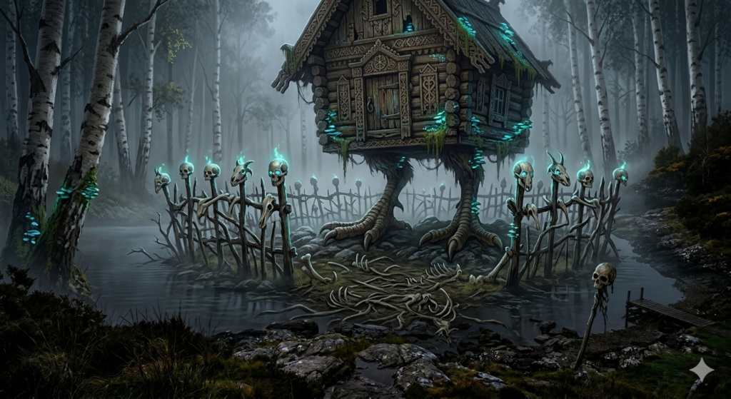 Baba Yaga's iconic hut on giant chicken legs standing in a dense, fog-shrouded birch forest at twilight.